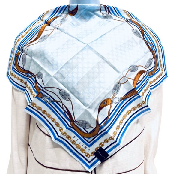 Celine Accessories - New Trendy Celine Paris Mini Scarf 20"Cotton/Silk blue gold chain  belt logo( 56